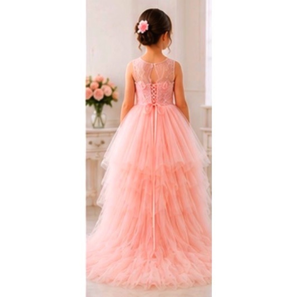 Girls Blush Pink High Low Flower Girl Dress Lace Tulle Pageant Wedding Train - Picture 2 of 10